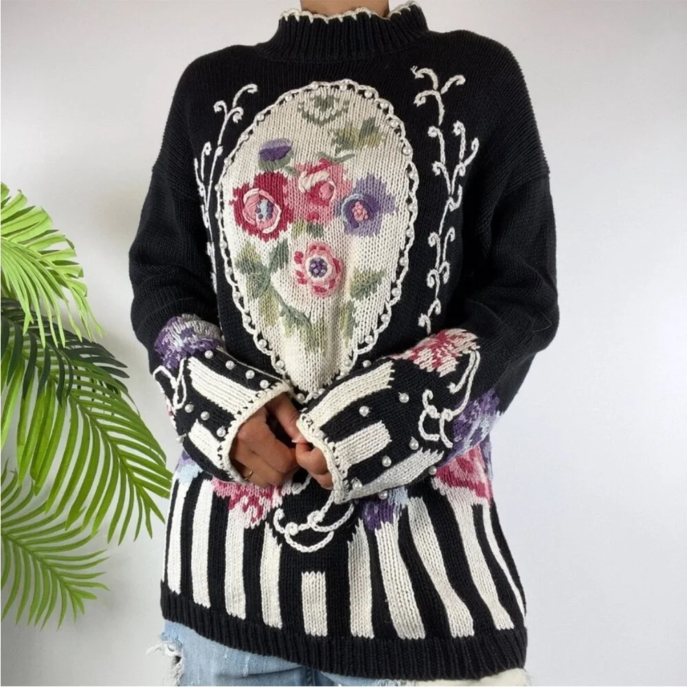 Women's Vintage Boaz Black Cottagecore Floral Oversized Knit Grandma Sweater / L